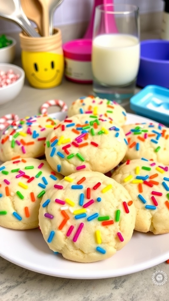 A plate of soft sugar cookies topped with rainbow sprinkles, set in a bright kitchen.